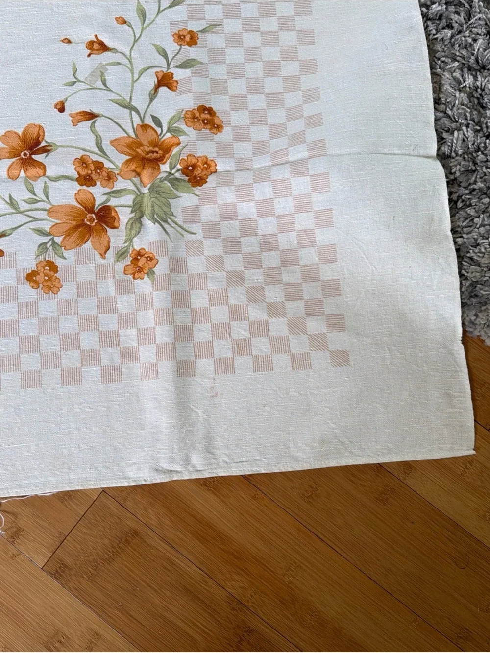 Vtg Square Tablecloth Off White Linen Subtle Checkered Border Orange Garland